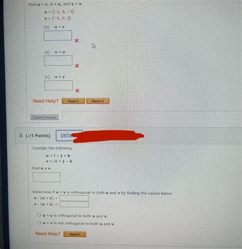 Solved Find U×vv×u And V×v U −28−3 V−892 A U×v