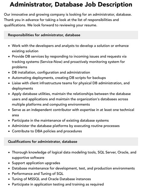 Administrator Database Job Description Velvet Jobs