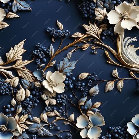 Premium Photo | There is a blue and gold floral wallpaper with gold ...