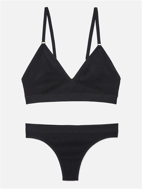 Womens Black Seamless Triangle Bralette And Thong Underwear Set Primark