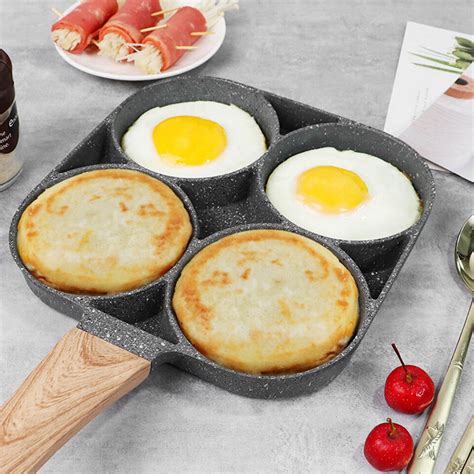 4 Hole Omelet Pan For Burger Egg Ham Pancake Maker Wooden Handle Frying