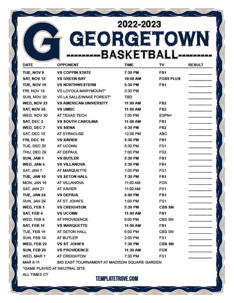 Printable 2022-2023 Georgetown Hoyas Basketball Schedule