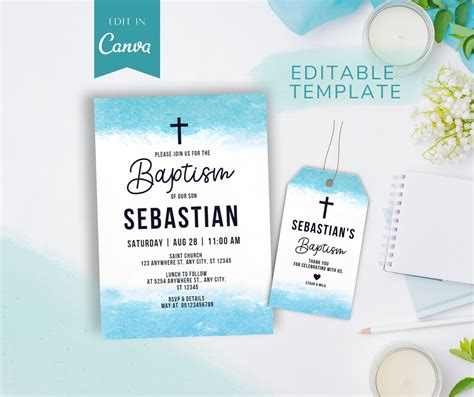 Minimalist Digital Baptism Invitation Blue Watercolor Baptismal Invites Editable Canva Templates