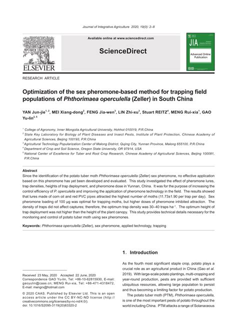 PDF Optimization Of The Sex Pheromone Based Method For Trapping Field