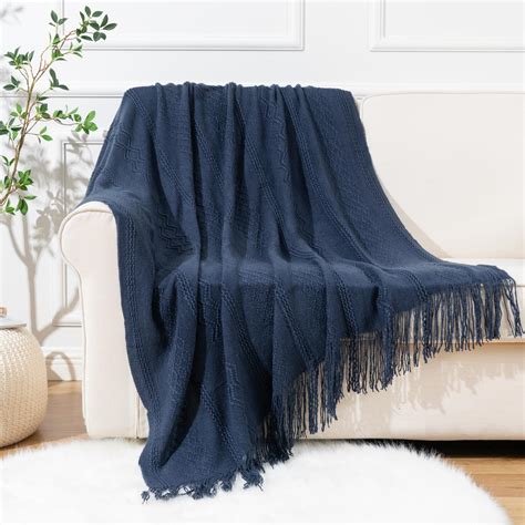 Battilo Navy Blue Throw Blanket For Couch Bed Chair Knit Throw Blanket With Fringe Decorative