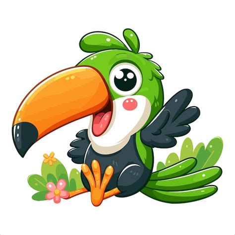 Ilustração vetorial de desenho animado de tucano verde feliz engraçado