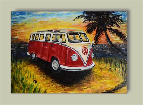 Original Oil Painting Volkswagen Bus Oil On Canvas VW Red Bus