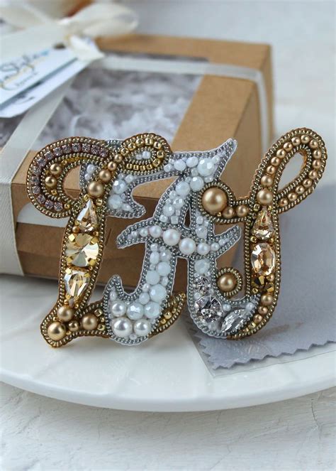 Custom Beaded Gold Letter Brooch Embroidered Initial Brooch Customized