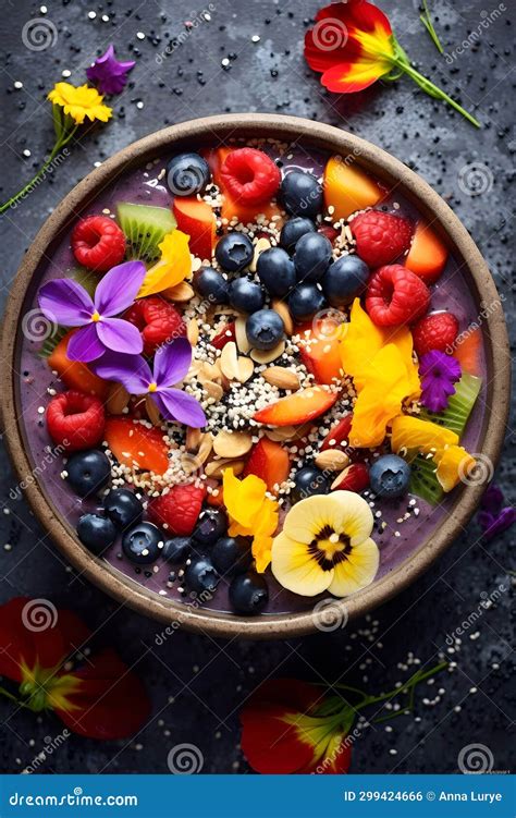 Top View Gluten Free Rainbow Smoothie Bowl With Edible Flowers And