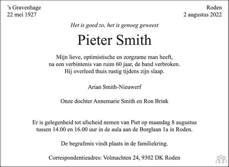 Pieter Smith Overlijdensbericht En Condoleances Mensenlinq Nl