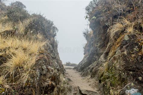 Schmale Nebelige Passage Zwischen Felsen Am Himalayas Gebirge