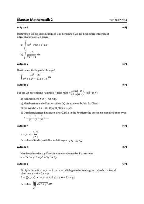 Mathe 2 Klausur 2013 Wintersemester Klausur Mathematik 2 Vom 26