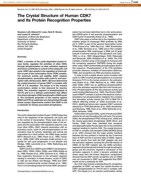 The Crystal Structure Of Human CDK7 And Its Protein Recognition