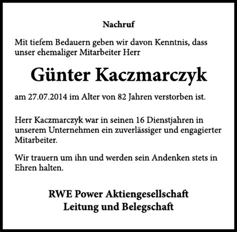 Traueranzeigen von Günter Kaczmarczyk Trauerportal Ihrer Tageszeitung