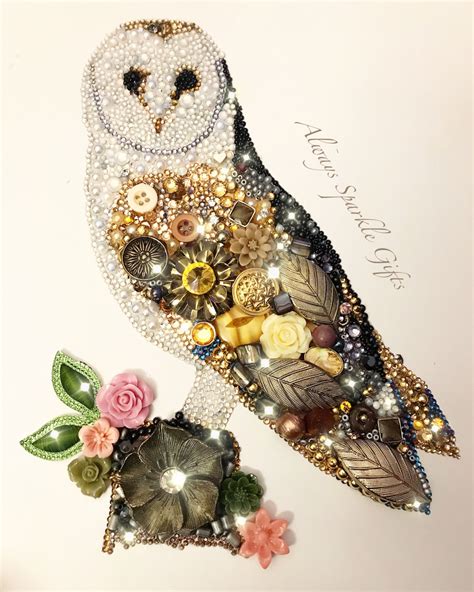 Beautiful Sparkling Barn Owl Button Art Old Jewelry Crafts Vintage