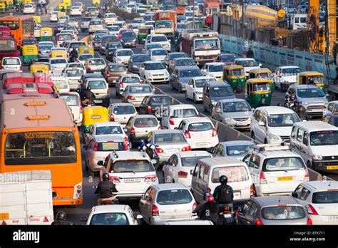 Cars Crowded On The Ring Road During Rush Hour Traffic In Delhi India