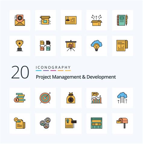 20 gerenciamento de projetos e linha de desenvolvimento cheia de ícones