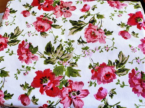 Red Flower Fabric Cotton Linen Fabric Shabby Chic Floral Etsy