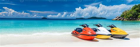 Experience thrilling jet ski rides along a sandy beach, surrounded by