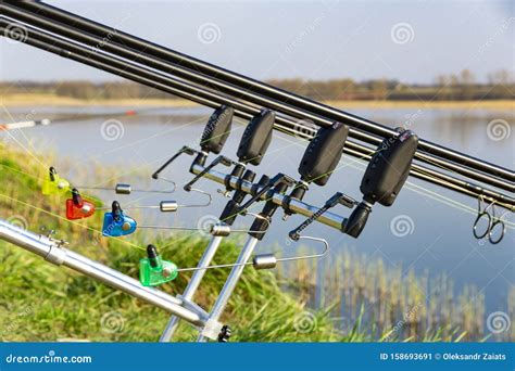 Carp Fishing Rods with Carp Bite Indicators Set Up on Rod Pod Near Lake ...