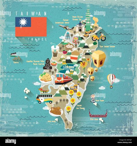 Taiwan Famous Attractions Travel Map In Flat Design Stock Vector Art