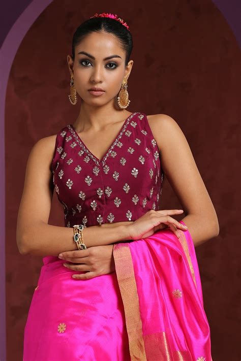 Buy Weaver Story Wine Crepe Hand Embroidered Saree Blouse Online Aza Fashions