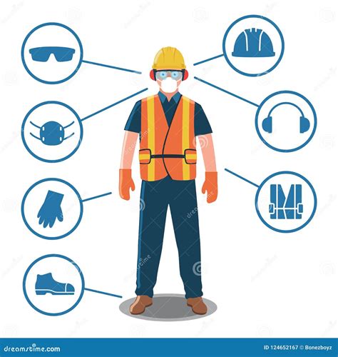 Worker with Personal Protective Equipment and Safety Icons Stock Vector
