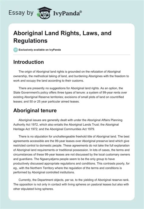 Aboriginal Land Rights, Laws, and Regulations - 499 Words | Essay Example