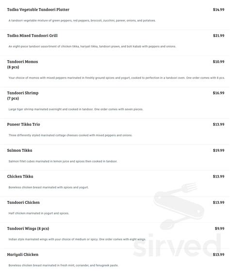 Menu - Toronto ON's Tadka- Sizzling Indian Spices | Sirved