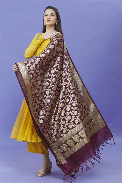 Buy Khwaab By Sanjana Lakhani Wine Banarasi Art Silk Woven Floral