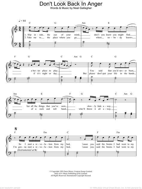 Oasis Don T Look Back In Anger Sheet Music Intermediate For Piano Solo