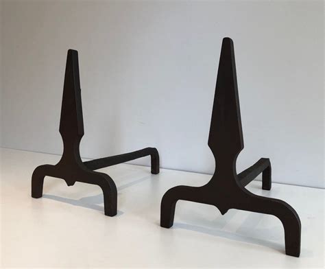 Proantic Pair Of Pyramid Steel And Wrought Iron Andirons French Cir