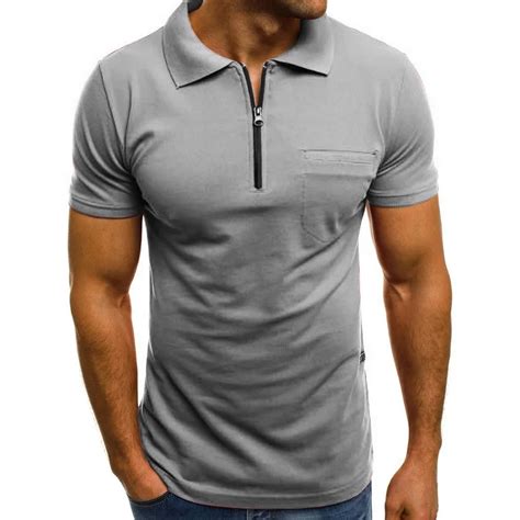 Mens Polo Shirts Summer Short Sleeve Basic Casual Zipper Polo Pockets