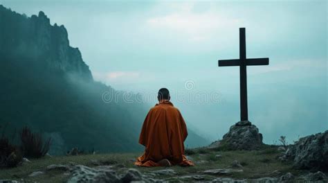 A Monk Kneeling In Prayer In Front Of A Simple Wooden Cross Surrounded