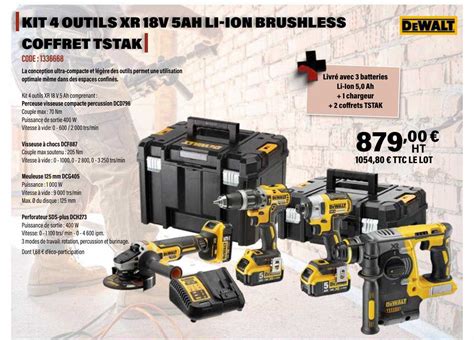 Promo Kit 4 Outils Xr 18v 5ah Li Ion Brushless Dewalt Chez Doras