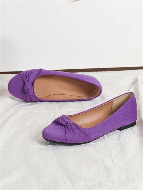 1 Pair Purple Knot Faux Suede D Orsay Ballet Flats Shallow Mouth Round Toe Slip On Casual