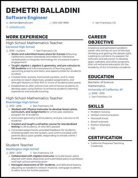 Teacher Career Change Resume Examples For