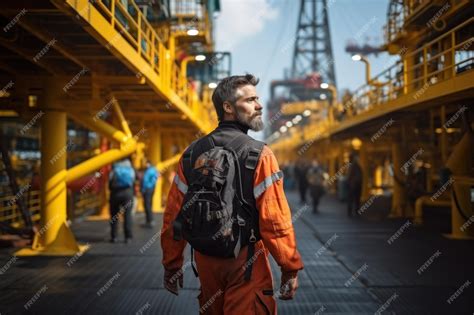 Premium Ai Image An Offshore Oil Rig Worker Walks To An Oil And Gas