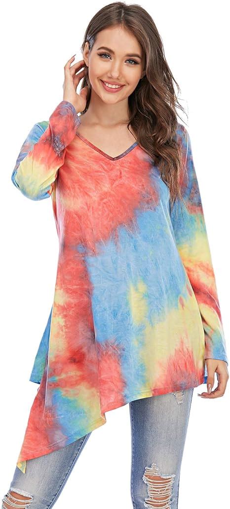 Womens Tie Dye V Neck Long Sleeved Loose Fit Casual Pullover Top At Amazon Womens Clothing Store