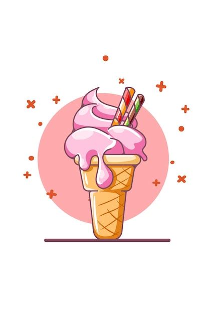 Süßes und kühles eis mit waffel cartoon illustration Premium Vektor