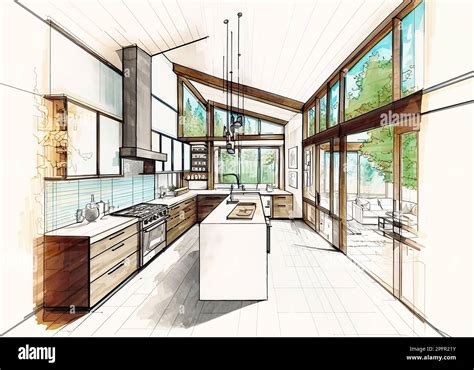 Colored sketch drawing of a modern modern kitchen, architectural design ...