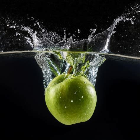 Green Apple Falling Into Water Causing A Hyperrealistic Splash And