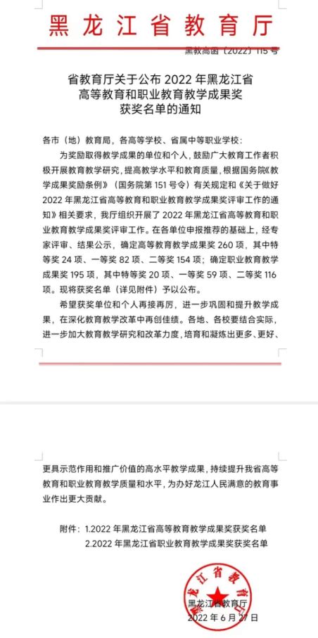 喜报 我院教学成果获得2022年高等教育省级教学成果奖 绥化学院电气工程学院