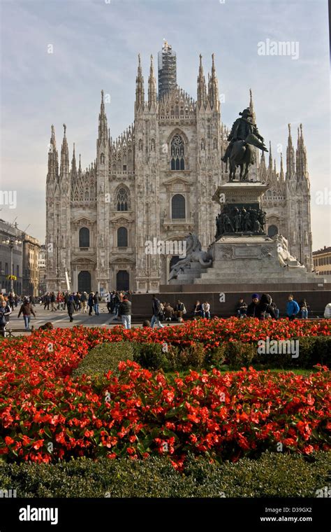 Milan Cathedral With Statue Of King Vittorio Emanuele Ll Piazza Duomo