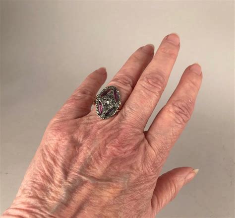 Proantic Bague Marquise En Argent Améthystes Et Marcassites d époq