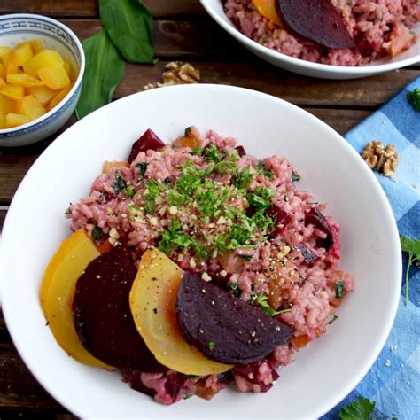 Beetroot Risotto With Goat Cheese Wild Garlic And Walnuts Happy Kitchen