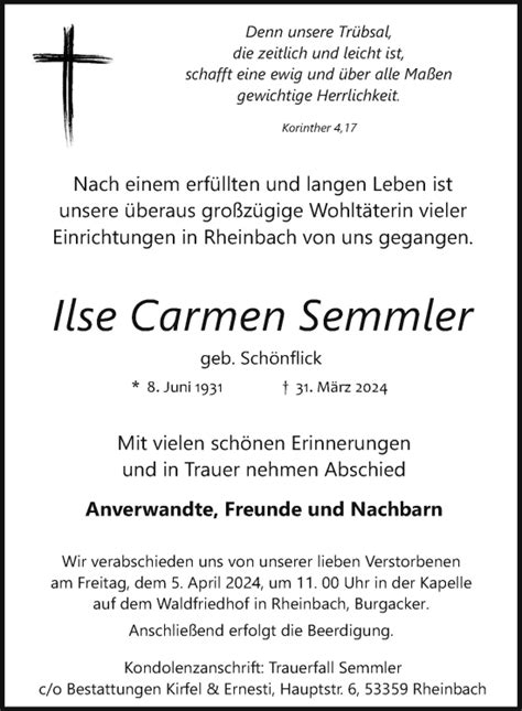 Traueranzeigen Von Ilse Carmen Semmler Ga Trauer De