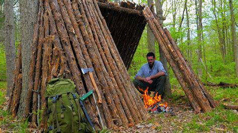 Solo Bushcraft Camping Overnight Open A Frame Natural Shelter For Campfire Cooking Camping