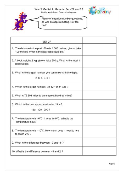 Mental Maths Practise Year 5 Worksheets 1b7