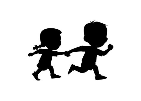 Two cute cartoon kids silhouette running together holding hands ...